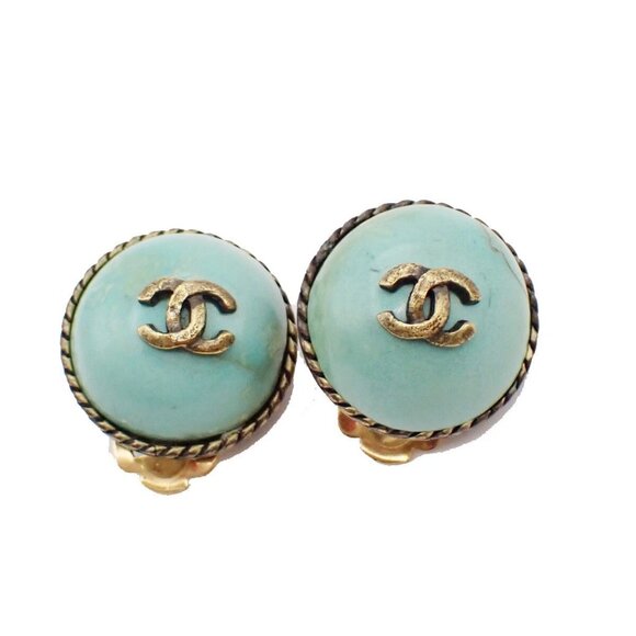 CHANEL CC Logo Color Stone Round Button Earrings Clip-On 00A Blue GHW 34KA602 - Picture 1 of 15